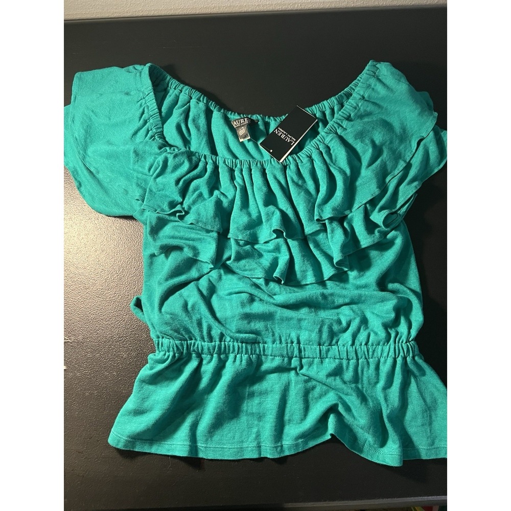 $115 NWT Ralph Lauren Women's Green Peplum Jersey  Off-the-Shoulder Top Size L - Picture 8 of 9